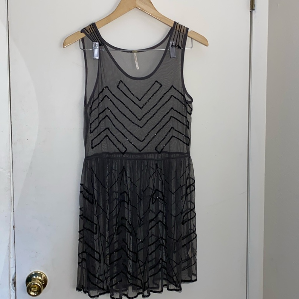 FREE PEOPLE - dress: sheer black midi mesh overlay w black beads- Small